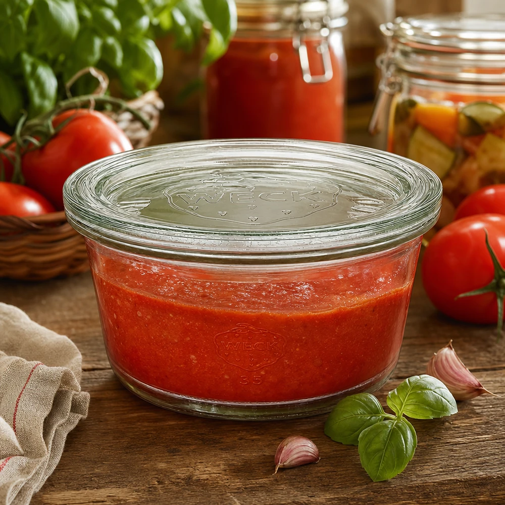 WECK RR120 Pot gourmand 450ml rempli de sauce tomate dans une cuisine rustique avec des ingrédients frais et du basilic