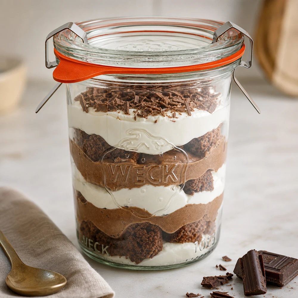 WECK Verre renversé 160ml RR60 rempli de dessert stratifié Tiramisu montre une utilisation polyvalente comme verre à dessert