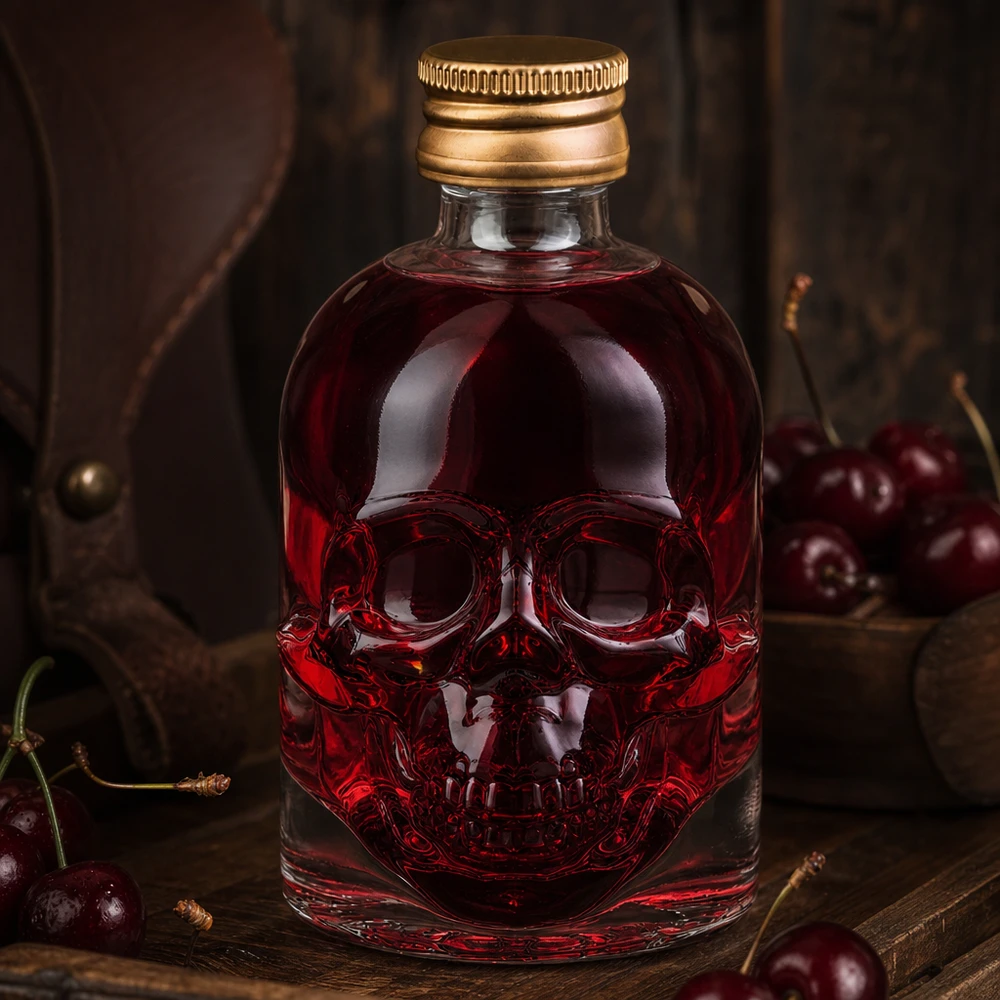 Bouteille en verre 50 ml « Hector » et bouchon à vis doré UNiTWIST® Bouteille en verre 50ml Hector design tête de mort avec contenu rouge cerise entouré de cerises fraîches sur bois rustique