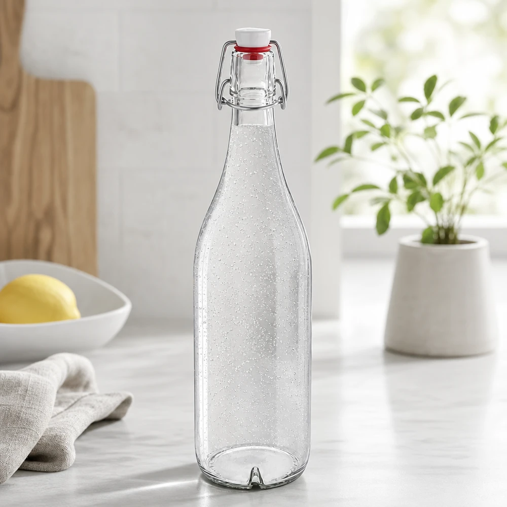 Bouteille en verre 1000ml avec bouchon à étrier PVC UNiTWIST remplie d'eau gazeuse dans une cuisine moderne Lifestyle