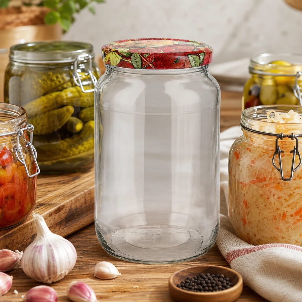 1062ml Bocal rond vide Scénario de cuisine BasicSeal Couvercle Décor de fruits entouré de bocaux Ail Poivre Planche en bois
