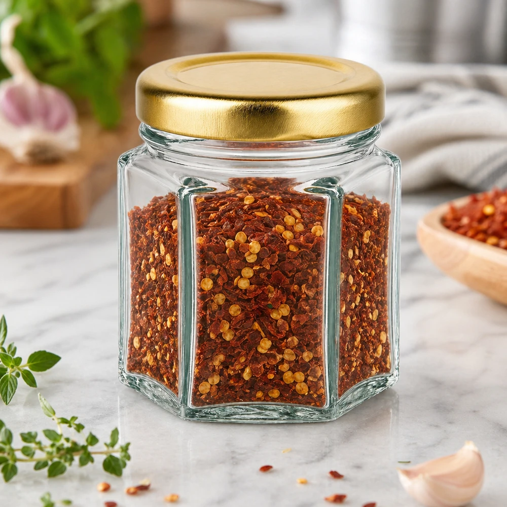 Pot à miel 60 g avec couvercle doré BasicSeal UNiTWIST Pot de miel hexagonal de 60g rempli de flocons de piment sur une table en marbre avec des herbes et un couvercle doré BasicSeal