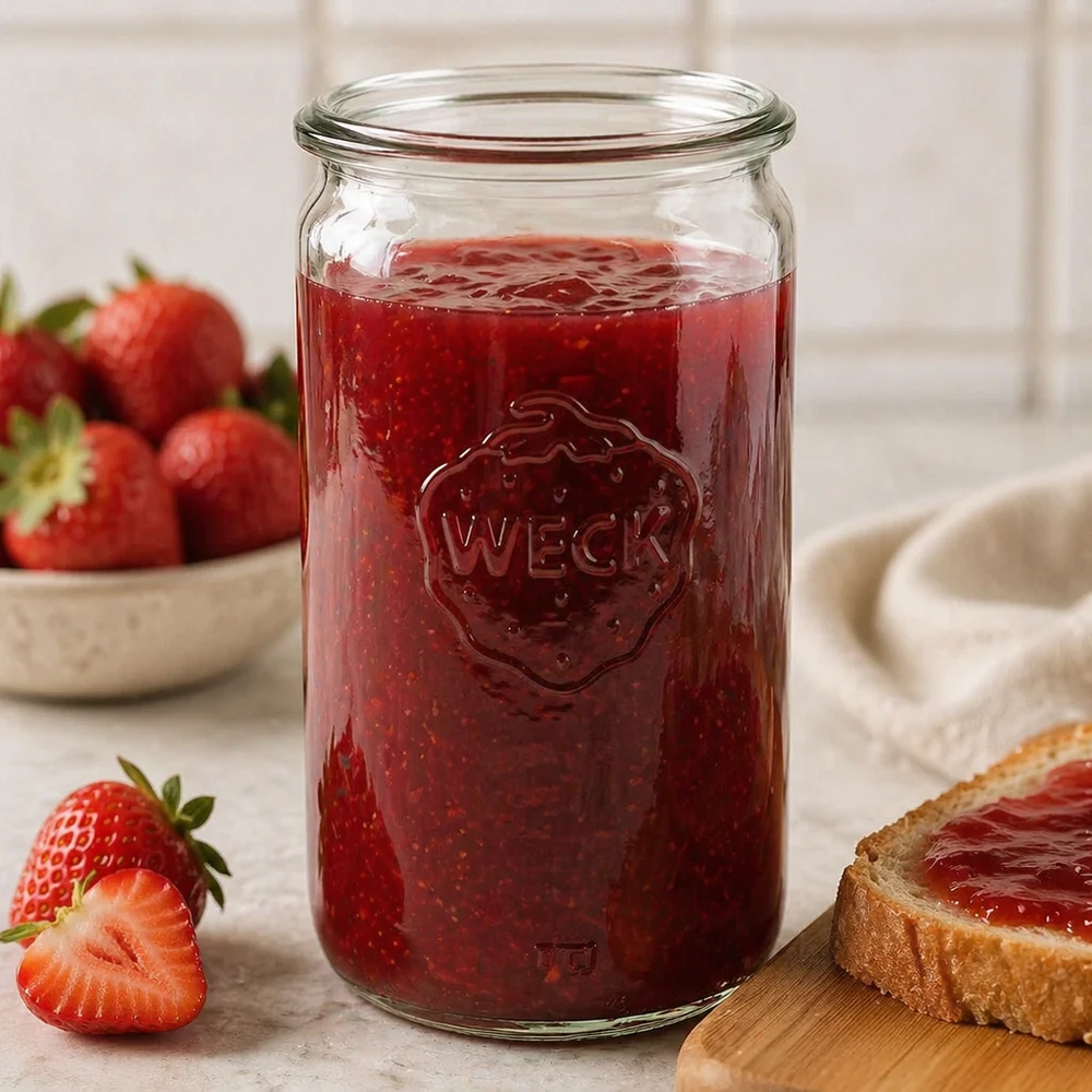 Bocal cylindrique en verre WECK RR60 de 340 ml WECK 340ml pot cylindrique RR60 rempli de confiture de fraise montre une utilisation pratique comme pot de conservation dans la cuisine