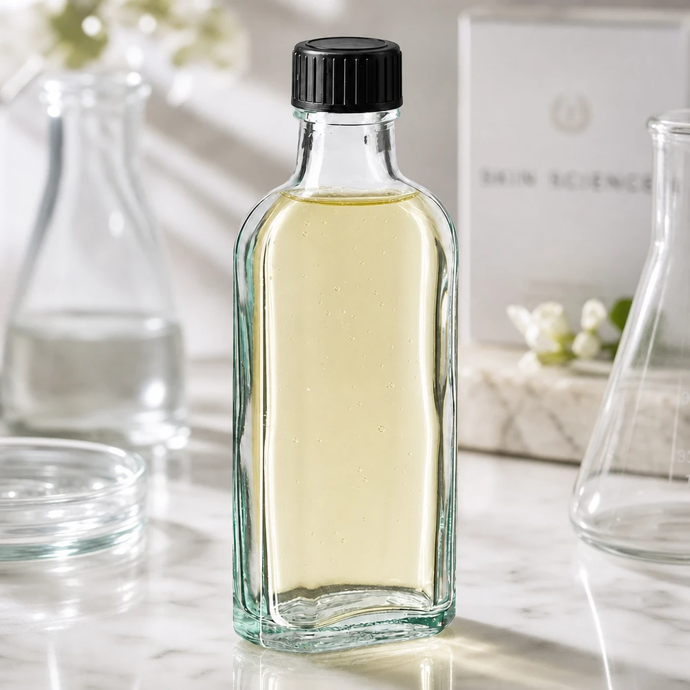 Flasque transparente de 100 ml au goulot DIN 22, avec bouchon à vis DIN 22 noir et joint PEE Flacon en verre rectangulaire de 100 ml avec joint d'étanchéité en EPE, destiné aux produits cosmétiques et de soins de la peau