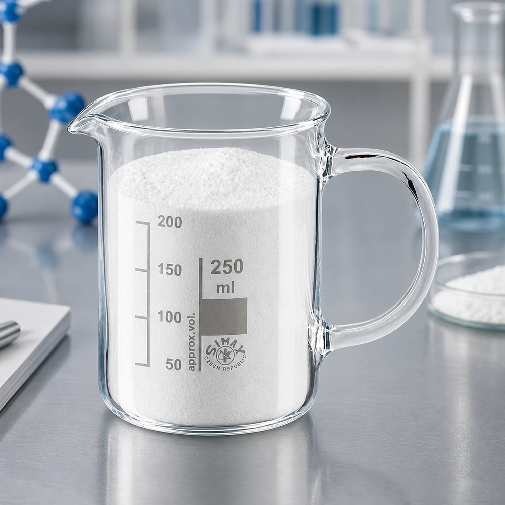Bécher avec poignée 250ml en verre borosilicate résistant à la chaleur (forme normale) Bécher gradué de 250 ml avec anse et substance blanche dans un environnement de laboratoire professionnel
