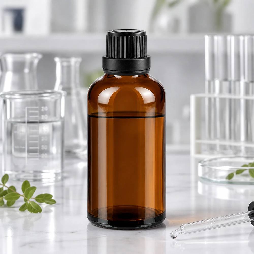 Bouteille de pharmacie brune 50ml bouchon vissable noir bouchon inviolabilité Flacon en verre ambré de 50 ml avec bouchon à vis noir à l'épreuve des enfants, à côté de matériel de laboratoire en verre