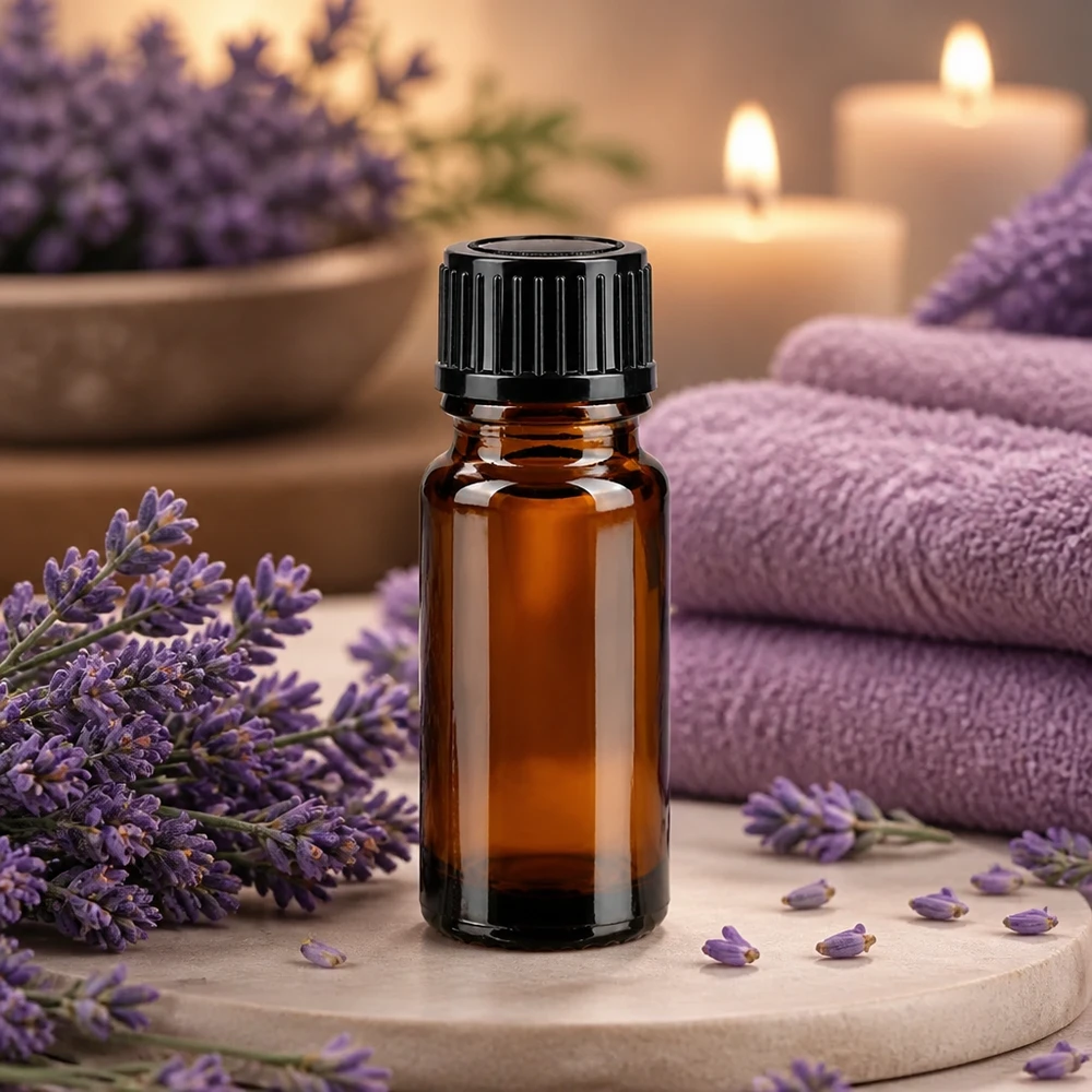 Flacon à pharmacie brun 10ml bouchon vissable noir std Flacon en verre brun de 10 ml pour huiles essentielles, à côté d'une serviette à la lavande pliée et de bougies