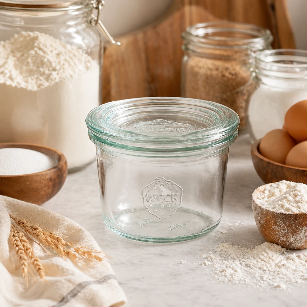 WECK Pot renversé 80ml RR60 dans la cuisine avec des ingrédients de boulangerie farine œufs et céréales pour la conservation et la mise en conserve