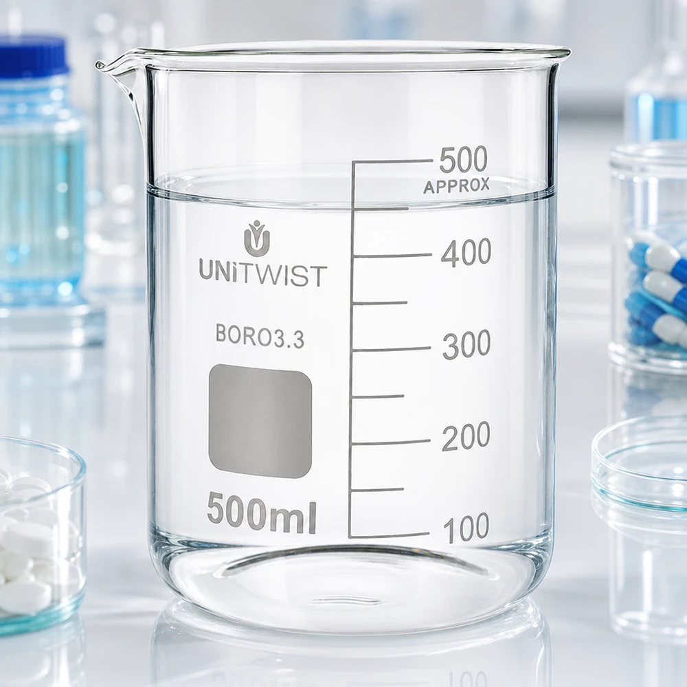 Bécher 500ml borosilicate, forme basse UNiTWIST Verre à bec UNiTWIST de 500 ml avec bec verseur et zone d'étiquetage grise sur fond blanc