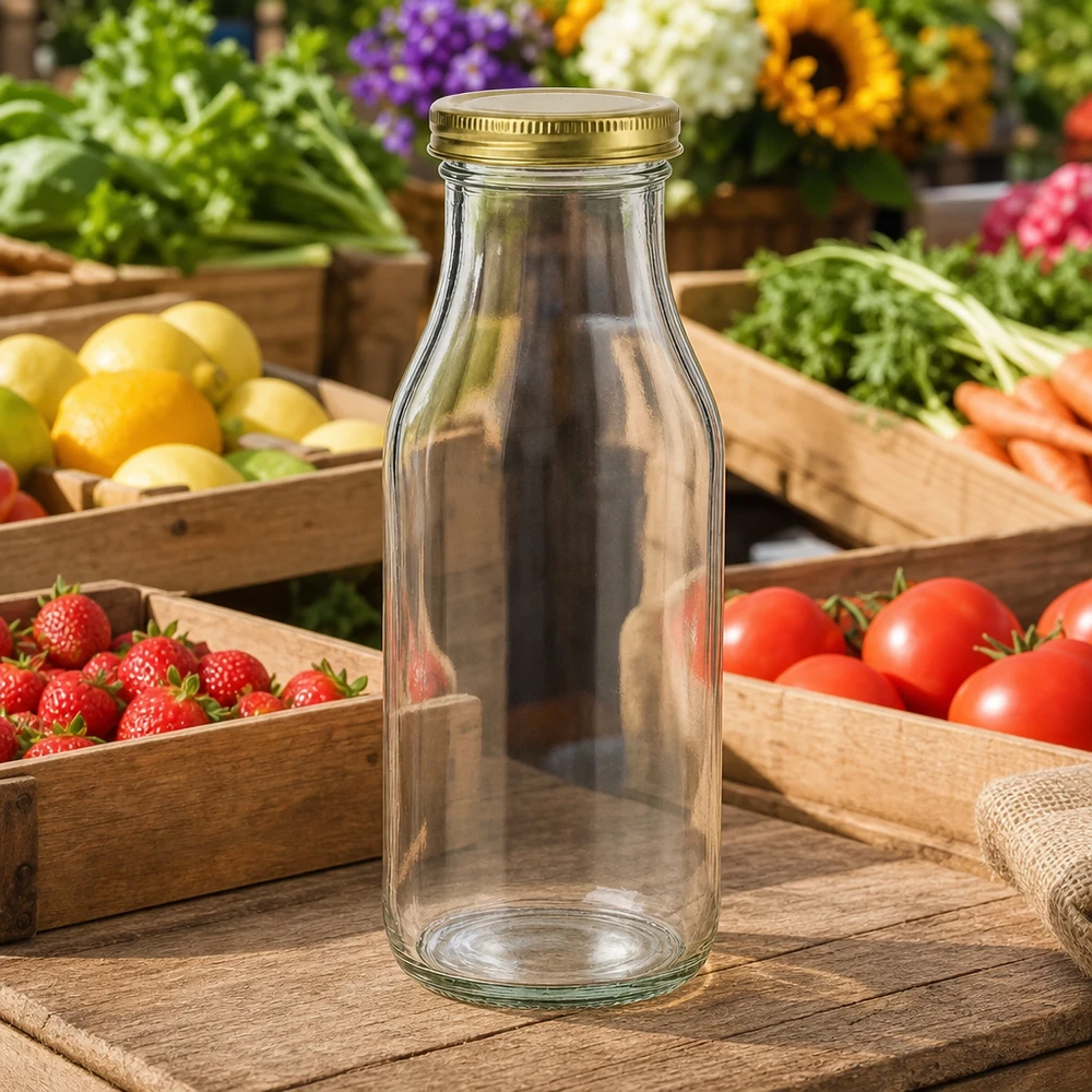 263ml Bouteille avec couvercle BioSeal or UNiTWIST UNiTWIST Bottle263 Bouteille en verre vide avec couvercle TO43 BioSeal doré sur une table en bois parmi des fruits et légumes frais