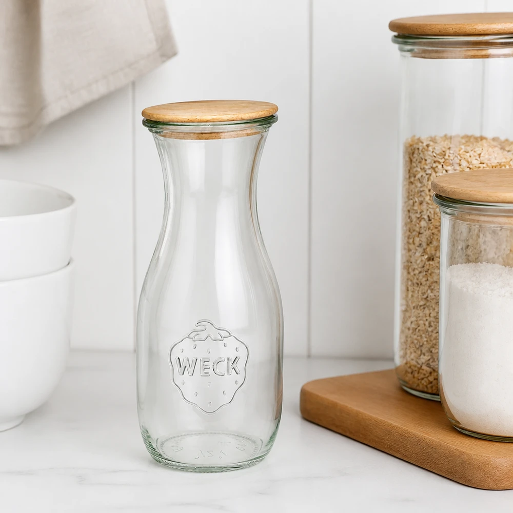 530ml Bouteille à jus de fruits WECK RR60 avec couvercle en bois WECK Bouteille en verre 530ml RR60 vide avec couvercle en bois sur plan de travail blanc à côté de bocaux à provisions empilés scandinave