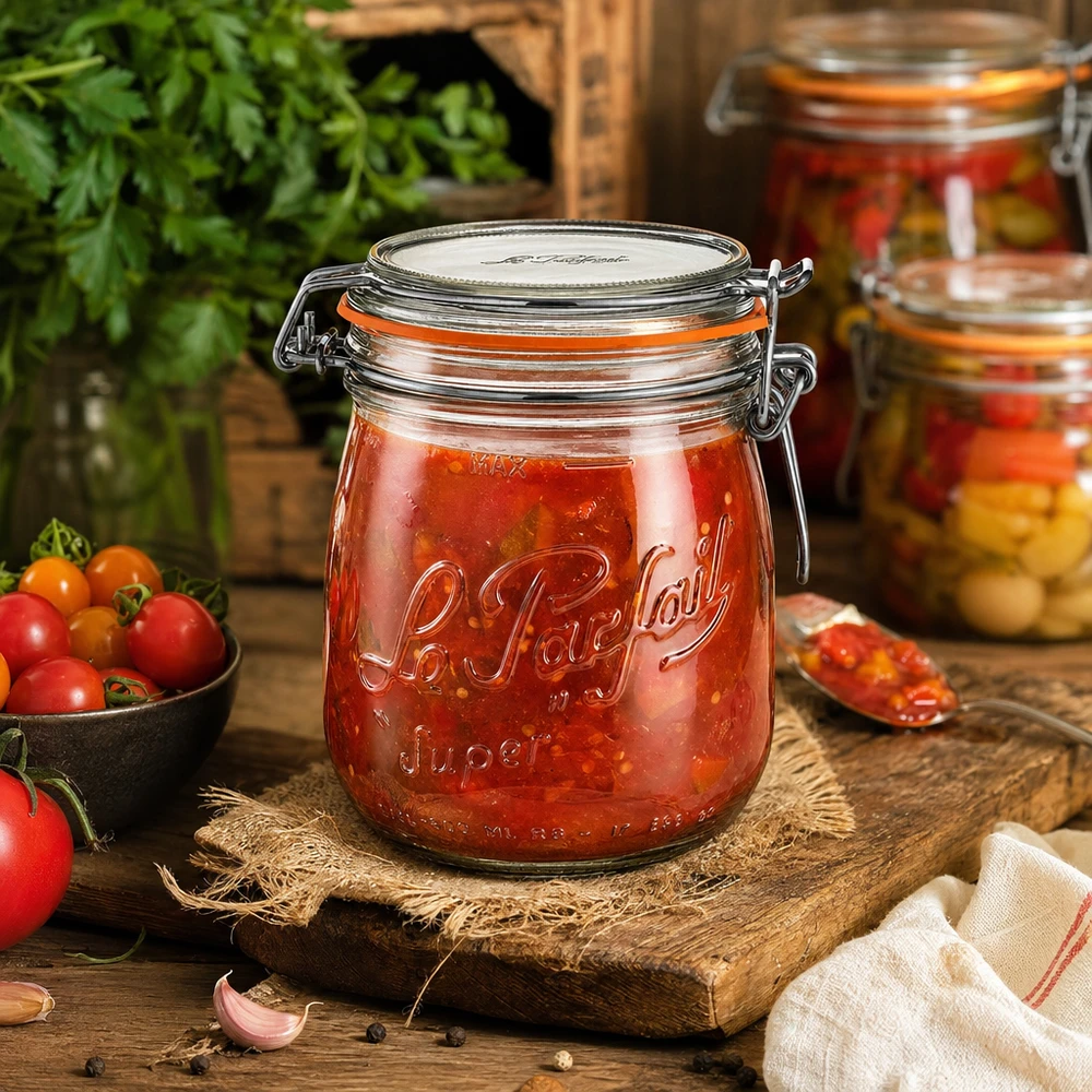 Bocal Le Parfait® 750 ml Ø85 mm conserve 750ml Le Parfait Super bocal à provisions avec fermeture à étrier rempli de sauce tomate sur table rustique en bois