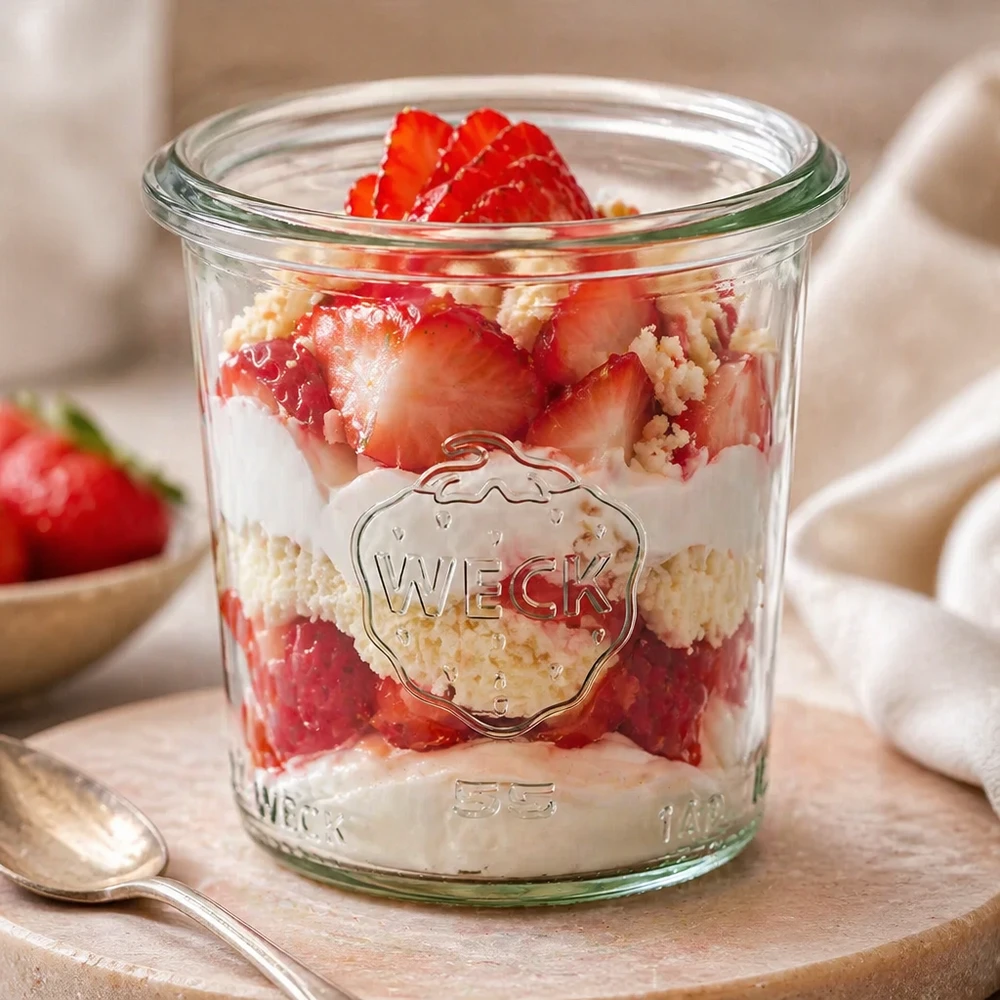 WECK RR60 Verre renversé 140ml rempli de dessert à la fraise sur planche en bois avec cuillère