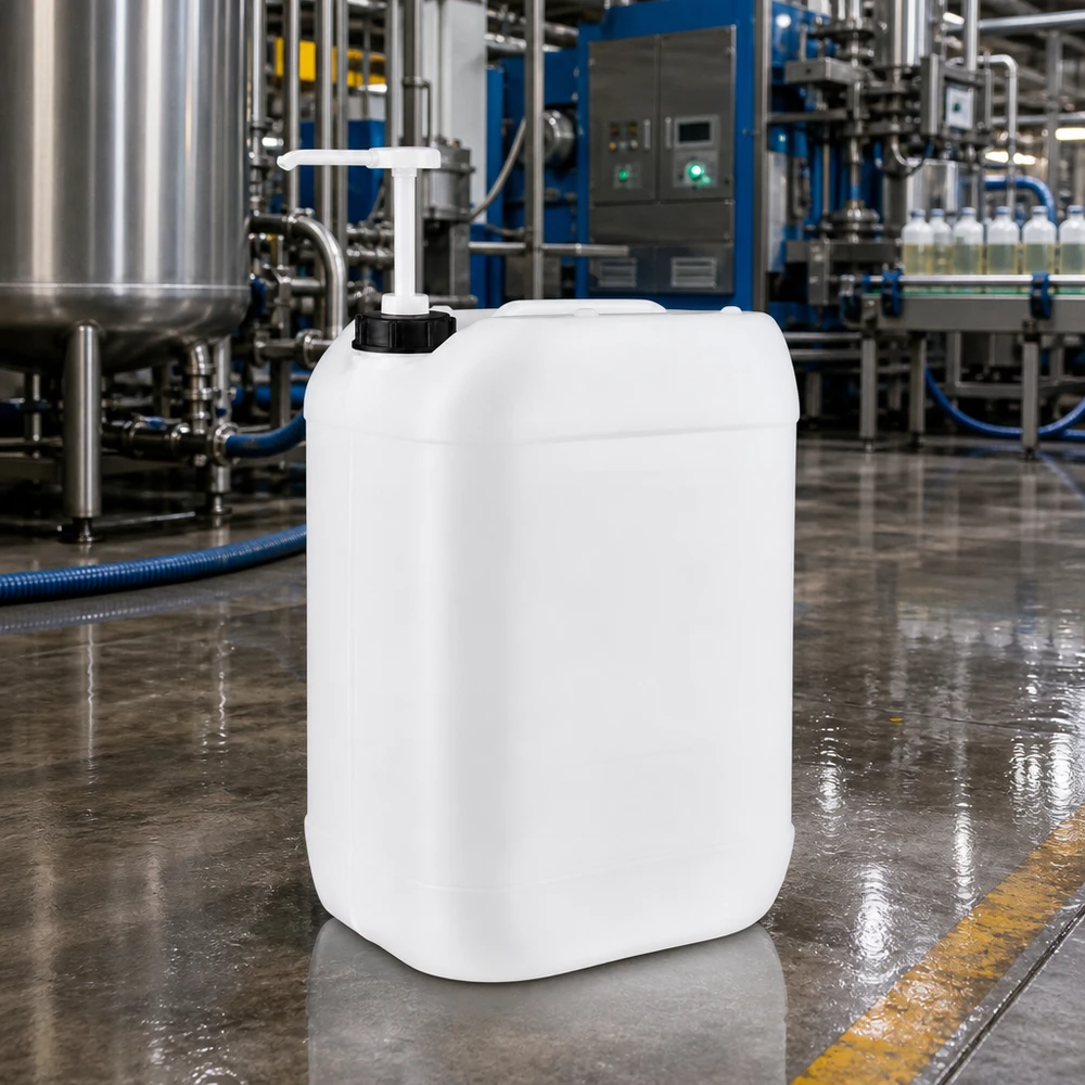Jerrican de 25 litres avec pompe doseuse Récipient en plastique de 25 litres adapté au contact alimentaire, équipé d'une pompe, fabriqué dans une usine industrielle