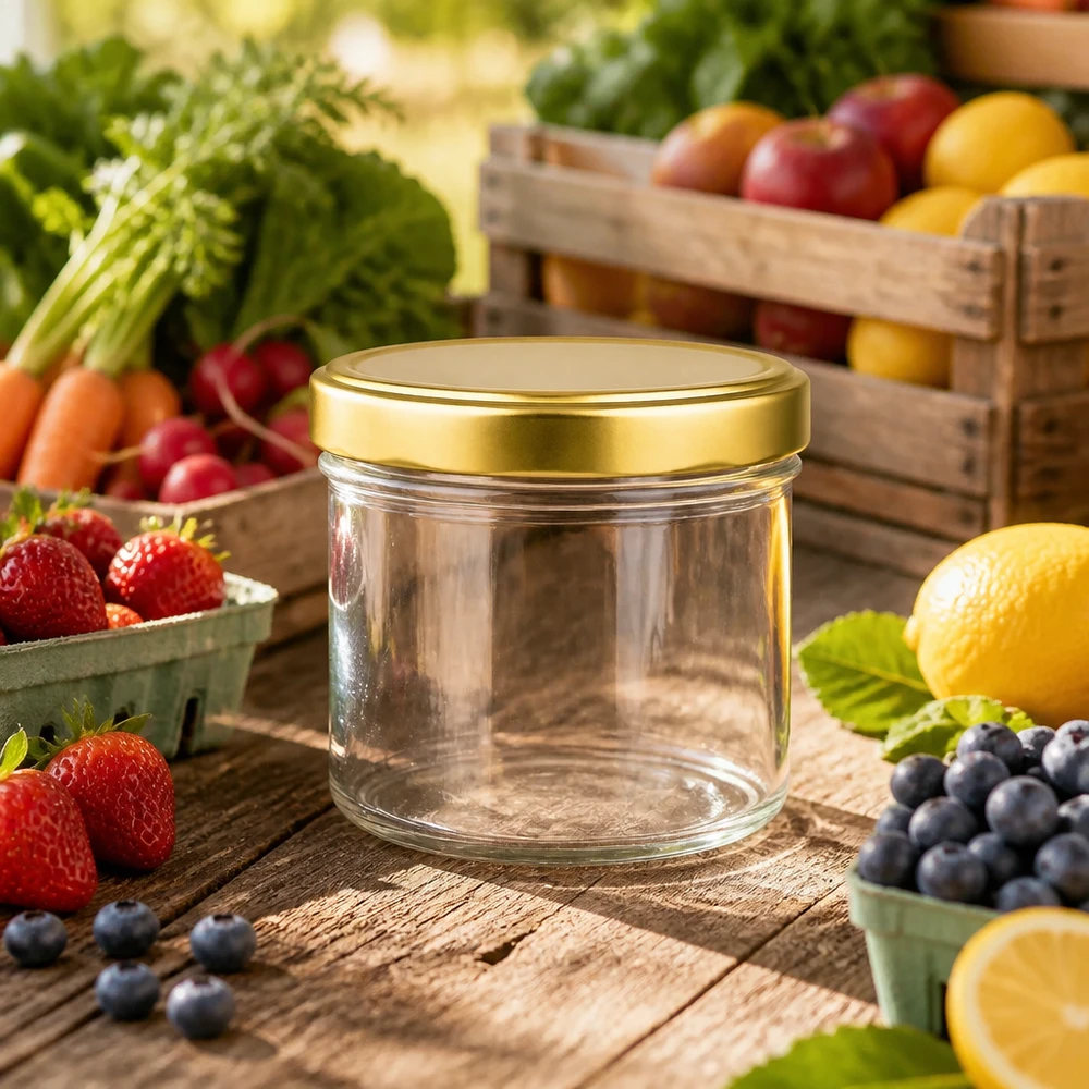 230ml pot cylindrique vide avec couvercle doré entre fruits et légumes frais sur table en bois pot à confiture