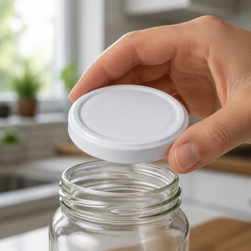 Une main tient un couvercle métallique blanc et rond au-dessus d'un bocal ouvert, dans une cuisine sur fond clair