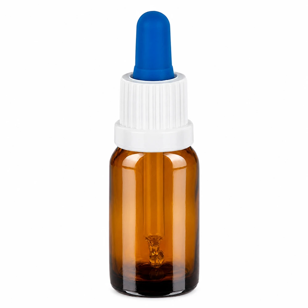 Bouteille pipette 10ml blanc/bleu OV BrownLine UT18/10 Bouteille à pipette brune de 10 ml avec bouchon blanc et pipette bleue pour un dosage précis