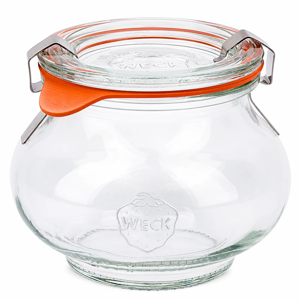 WECK Pot à bijoux 220ml RR60 avec couvercle en verre et anneau en caoutchouc orange, pot à conserves rond avec fermeture à étrier