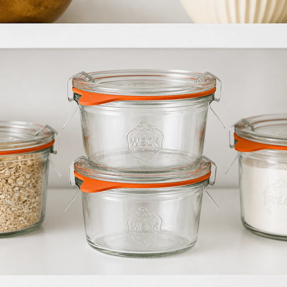 50ml bocal conique complet WECK RR60 WECK Pot de 50 ml RR60 empilé dans l'armoire à provisions à côté d'autres bocaux pour un rangement peu encombrant