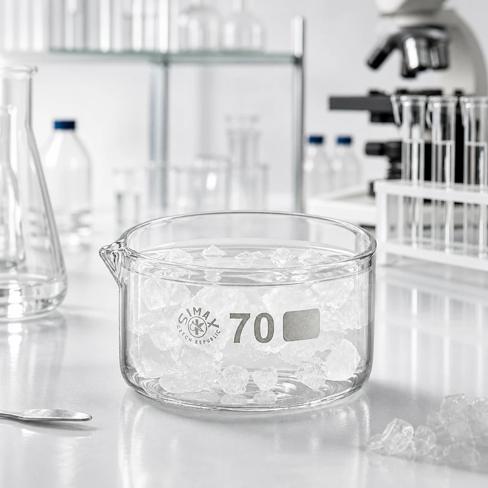Coupelle de cristallisation 100 ml avec bec verseur Coupelle de cristallisation Simax de 70 mm de diamètre avec des glaçons, dans un environnement de laboratoire professionnel