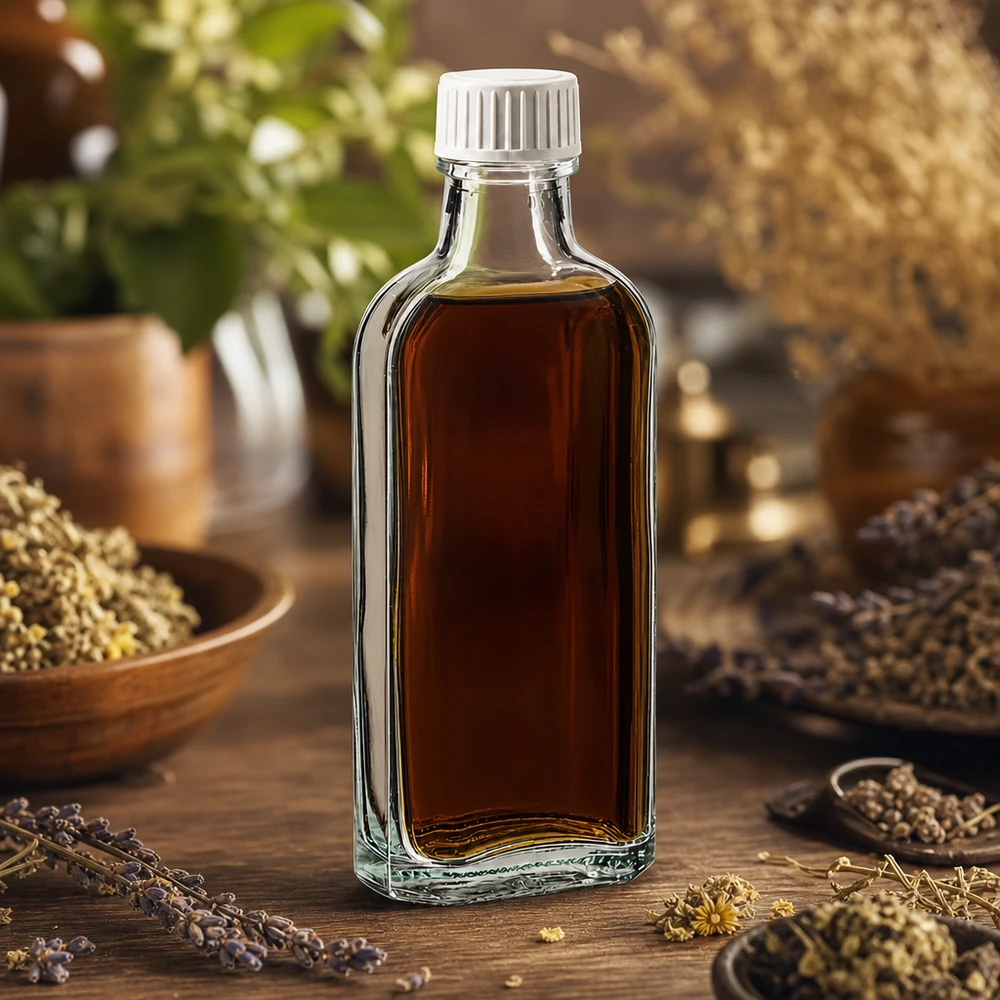 Flasque transparente de 100 ml au goulot DIN 22, avec bouchon à vis DIN 22 blanc en PP et joint mousse en PE Bouteille rectangulaire en verre de 100 ml, dotée d'un insert en mousse de polyéthylène et remplie d'huile ambrée