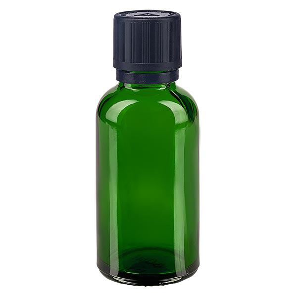 Flacon à pharmacie vert 30ml bouchon compte-gouttes pr. 1mm noir sécurité enfant signe d'avertissement aveugle fermeture inviolable