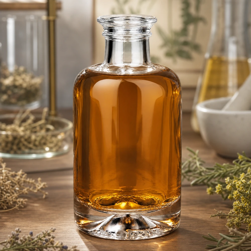 Flacon à pharmacie « Sofia » 100 ml sans bouchon UNiTWIST® 100ml Glasflasche Sofia mit bernsteinfarbenem Öl in natürlicher Kräuter-Deko-Szene auf Holzuntergrund