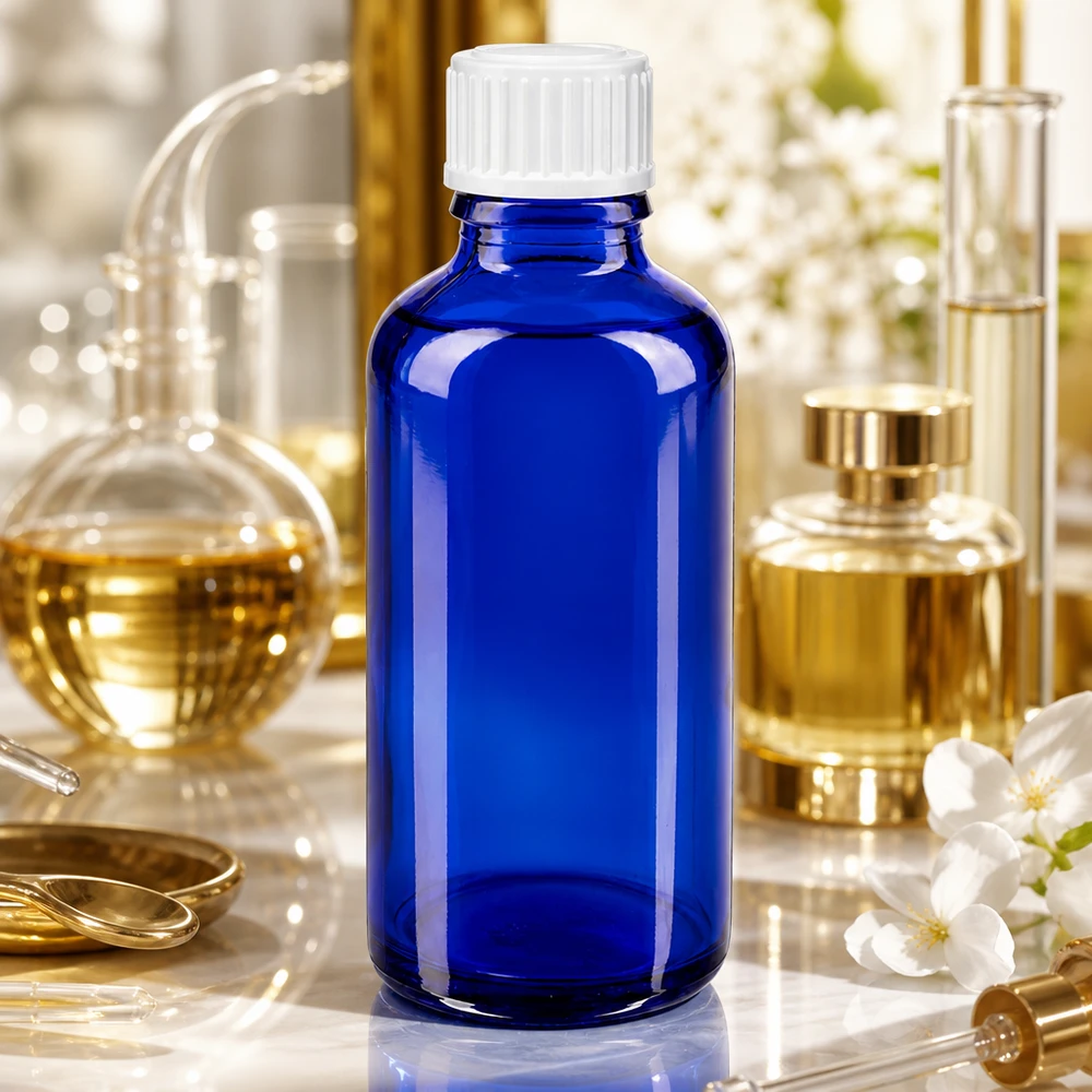 Flacon de pharmacie bleu cobalt de 50 ml avec bouchon blanc, présenté dans un élégant coffret à parfum