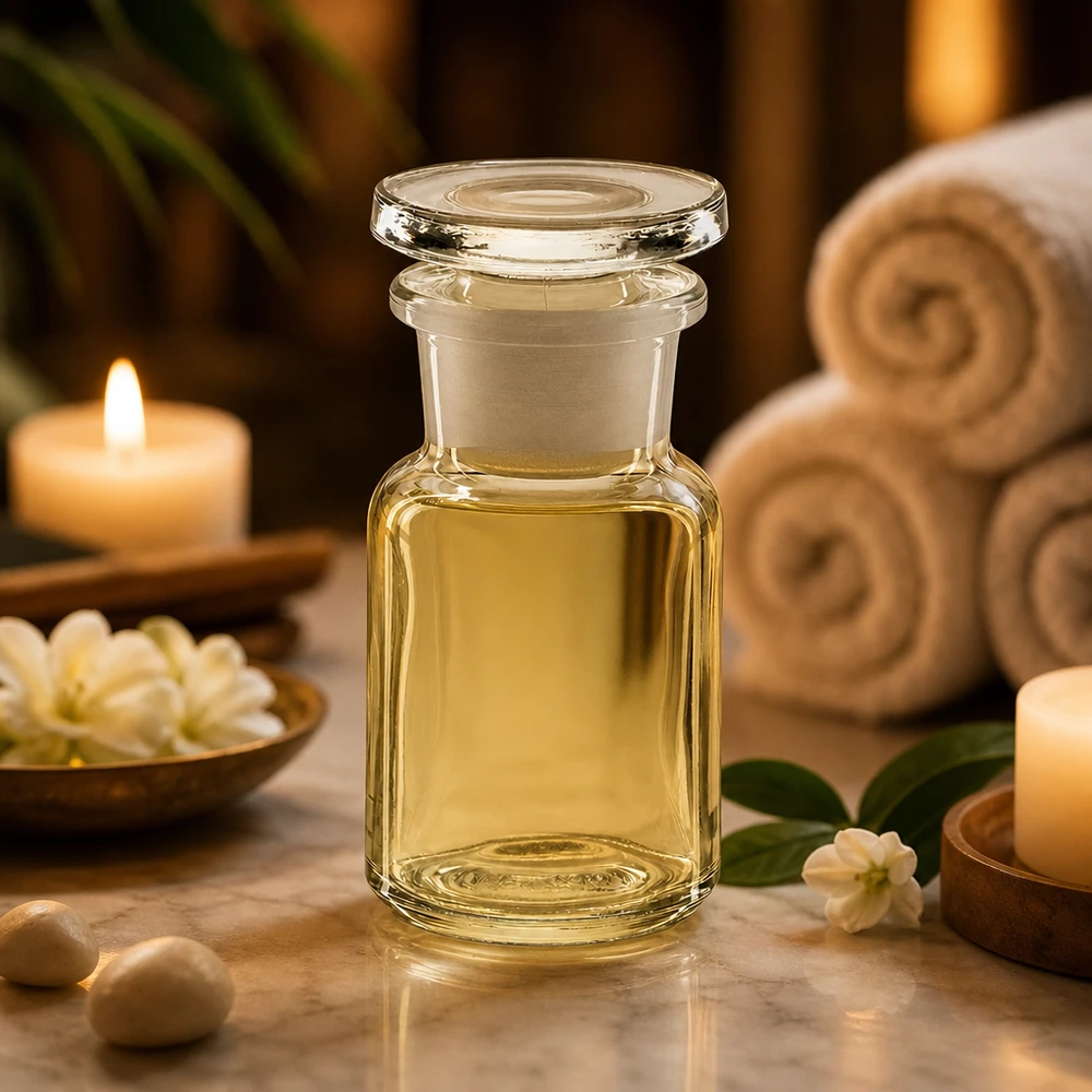 Flacon pharmaceutique 50 ml col large + bouchon verre clair Flacon en verre transparent de 50 ml avec un large bouchon, idéal pour les huiles d'aromathérapie et les soins du corps