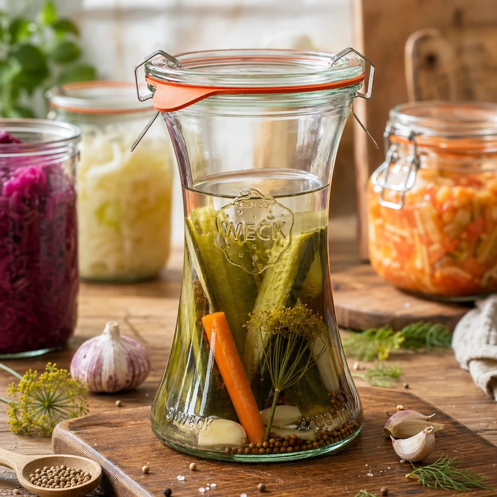 WECK Pot d'épicerie fine 200ml en train de faire fermenter des cornichons avec de l'aneth et des épices, scène de cuisine avec des bocaux colorés