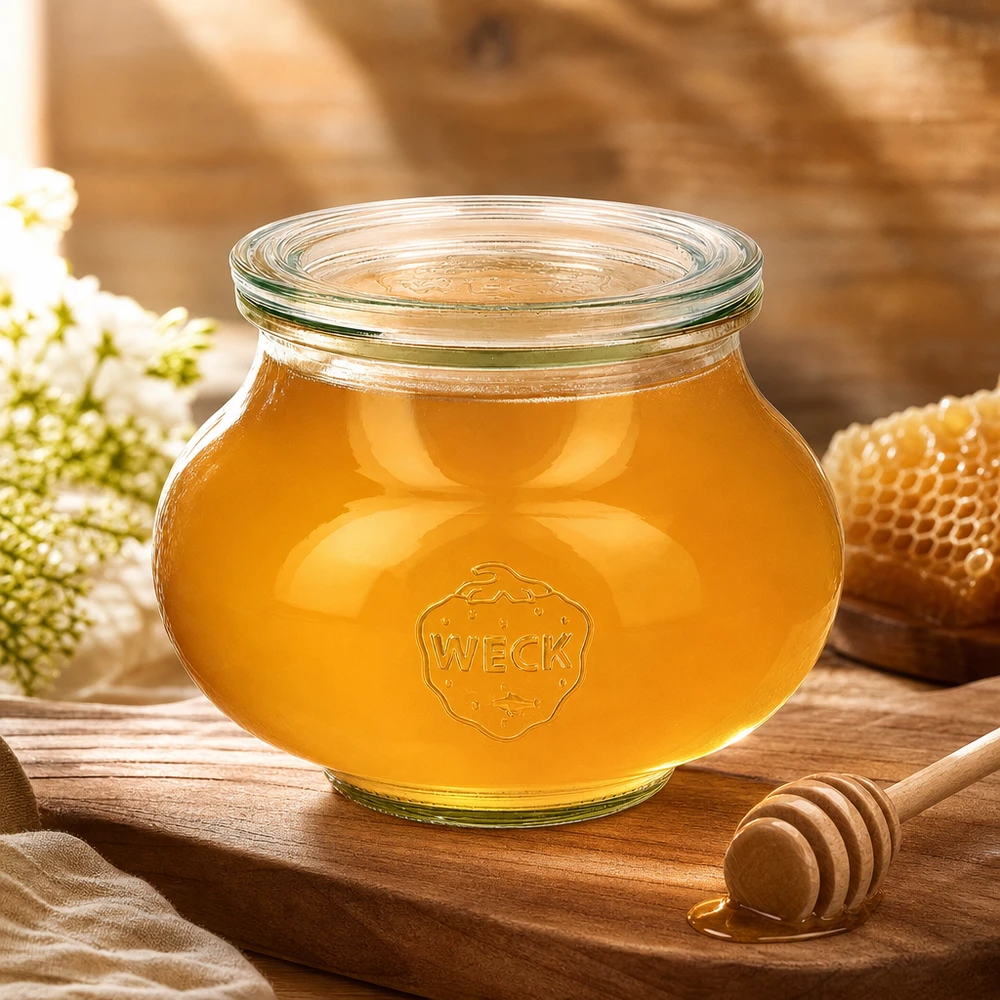 WECK Pot à bijoux 560ml RR80 rempli de miel à côté de la cuillère à miel Nid d'abeille et fleurs blanches sur planche en bois