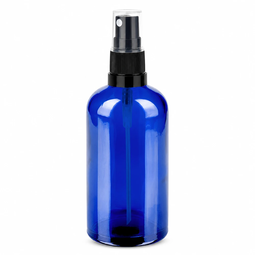 100ml flacon pulvérisateur noir/tr. STD BlueLine UT18/100 Vaporisateur bleu de 100ml en verre avec tête de vaporisation noire pour la cosmétique et l'aromathérapie
