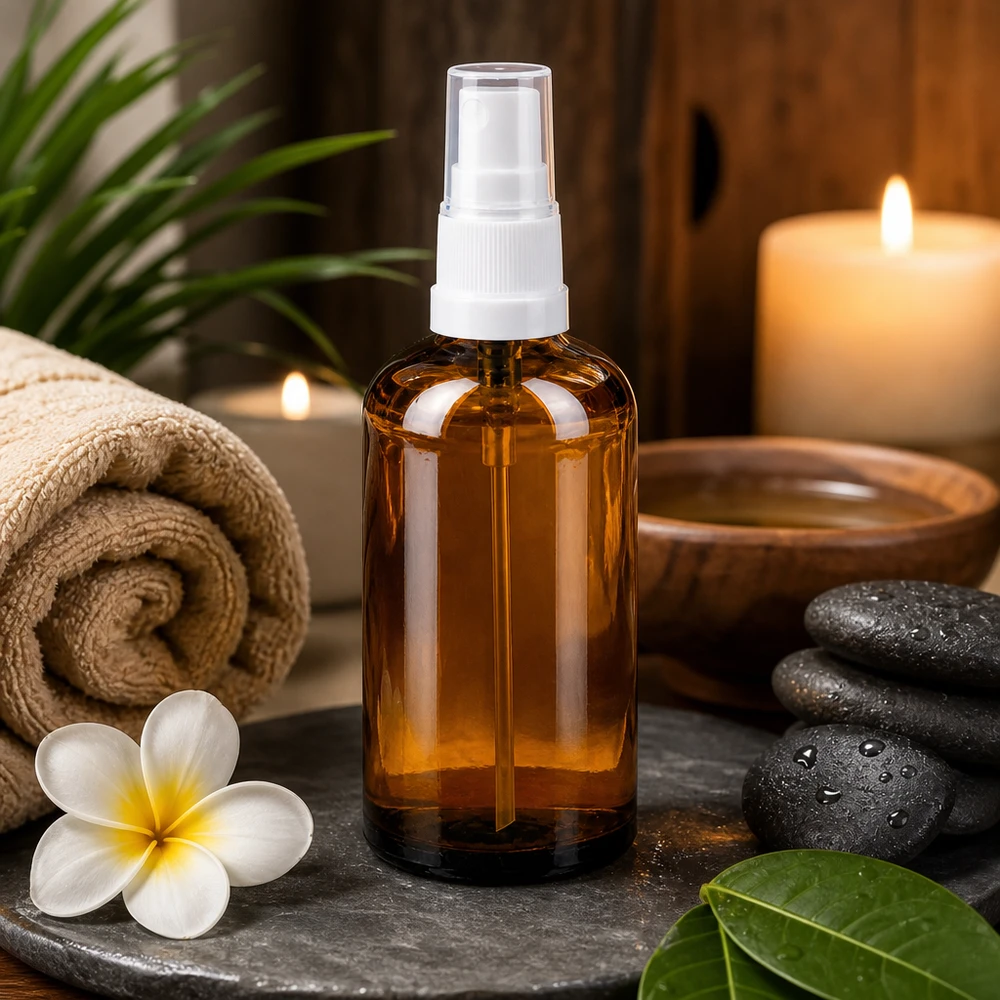 100ml Sprayfl. blanc/tr. STD BrownLine UT18/100 Flacon en verre de 100 ml protégé de la lumière avec embout vaporisateur, idéal pour les lotions toniques et les toners faits maison.