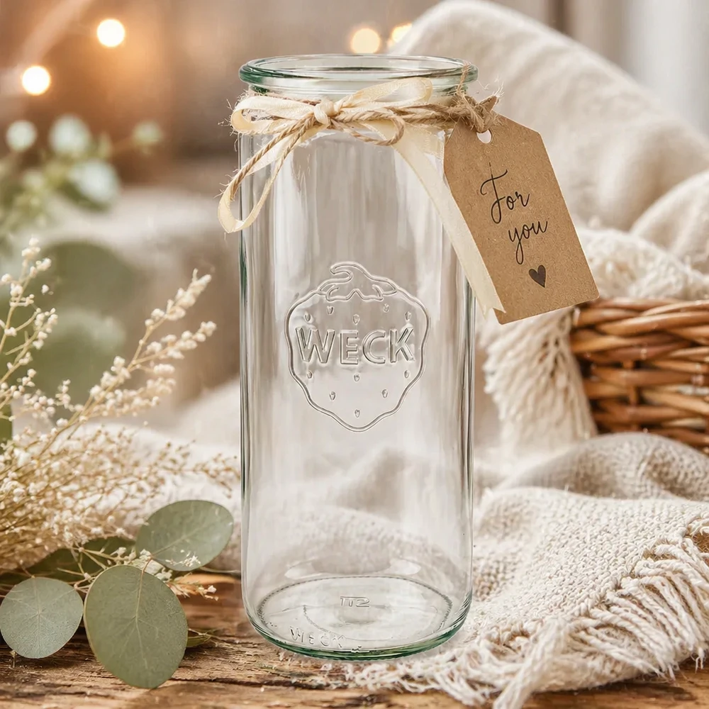 WECK 1040ml verre cylindrique RR80 comme idée de cadeau avec ruban et pendentif dans une décoration d'intérieur confortable