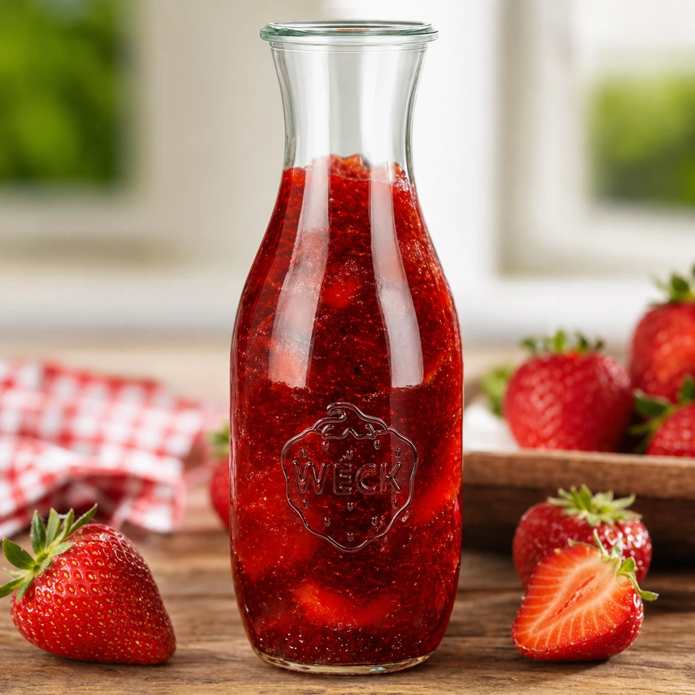 WECK Bouteille de jus 1062ml RR60 remplie de jus de fraise rouge entourée de fraises fraîches sur fond en bois