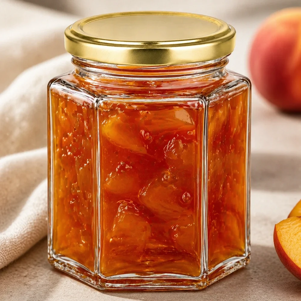 Pot de miel BasicSeal de 250g rempli de confiture à côté de la pêche montre une utilisation polyvalente pour la confiture
