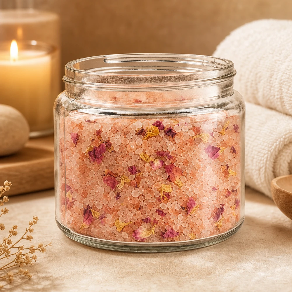 Pot en VERRE clair 250 ml, filetage 83 mm / R3 Pot en verre 250ml décoré dans un environnement naturel de spa avec des sels de bain, des fleurs, des bougies et une serviette