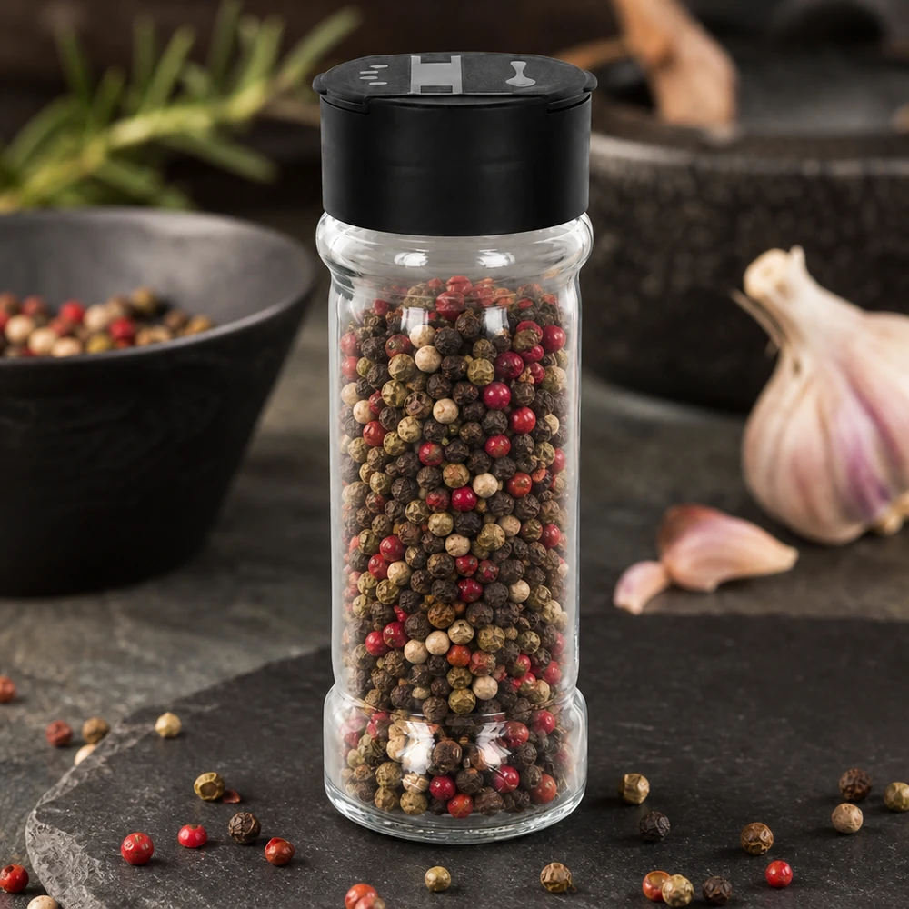 Pot à sel/épices 100 ml avec double saupoudreuse, noir Flacon à épices en verre transparent de 100 ml contenant un mélange de grains de poivre et muni d'un bouchon en plastique noir