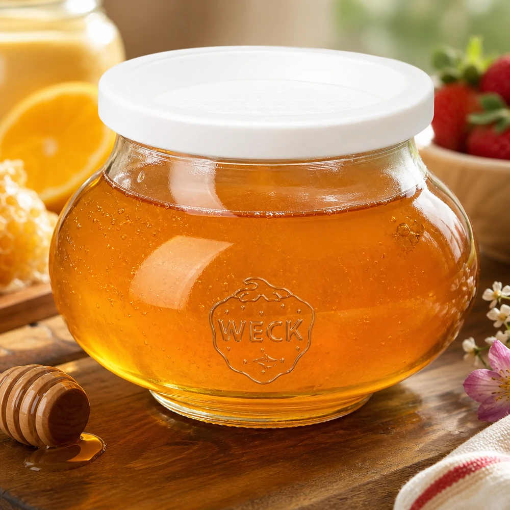 Bocal décoratif de 560 ml avec couvercle hermétique WECK RR80 WECK Pot de miel 560ml RR80 rempli de miel et cuillère à miel sur planche de bois rustique avec tranches d'orange