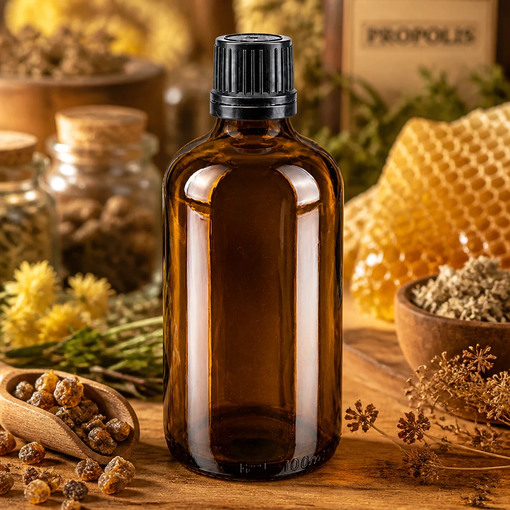 Bouteille de pharmacie brune 100ml bouchon vissable noir bouchon d'inviolabilité Flacon en verre ambré de 100 ml avec bouchon OV noir de 8 mm pour extraits de propolis et remèdes naturels