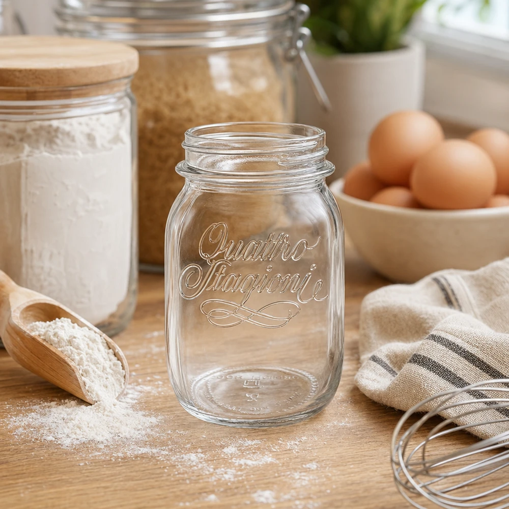 500ml Quattro Stagioni Verre de ménage en verre sur table en bois avec ustensiles de cuisine œufs et farine en arrière-plan