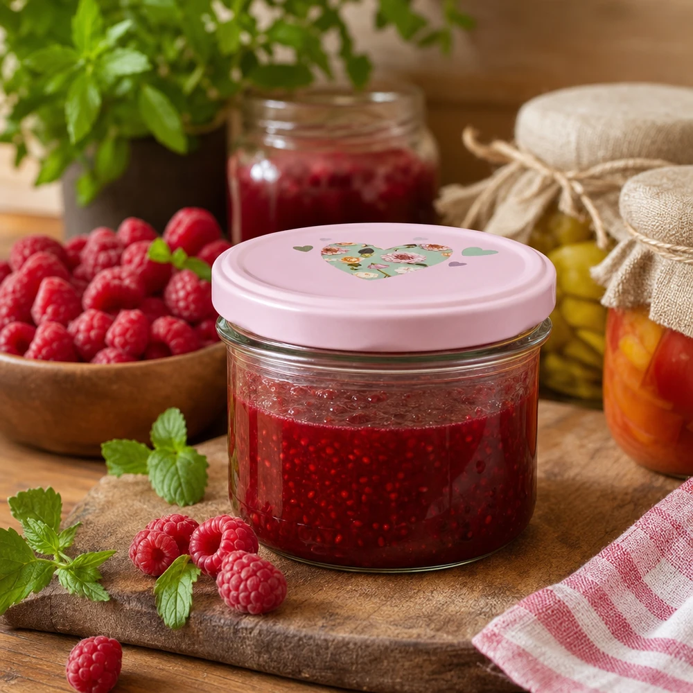Verres de 225 ml + couvercle BasicSeal cur rose UNiTWIST Confiture de framboises maison en pot renversé de 225 ml avec couvercle à cœur rose BasicSeal entouré de framboises fraîches