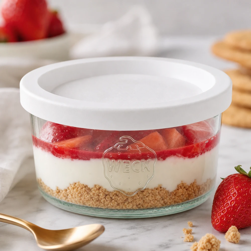 165ml bocal conique avec couvercle fraîcheur WECK RR80 WECK 165ml verre renversé RR80 comme coupe à dessert avec fraises et fond de biscuit à côté de cuillères dorées sur marbre