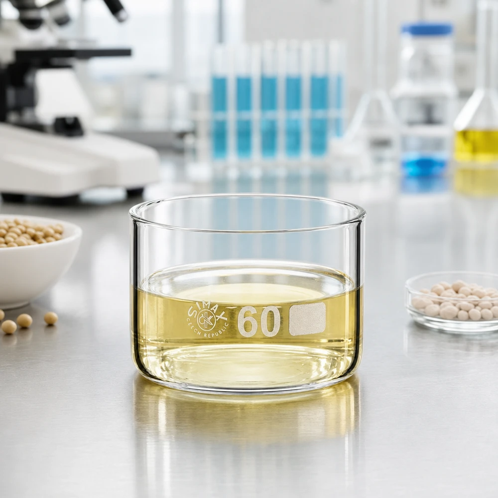 Coupelle en verre borosilicaté Simax de 60 ml, ø 60 mm, contenant de l'huile jaune clair, posée sur une surface en acier inoxydable dans un laboratoire