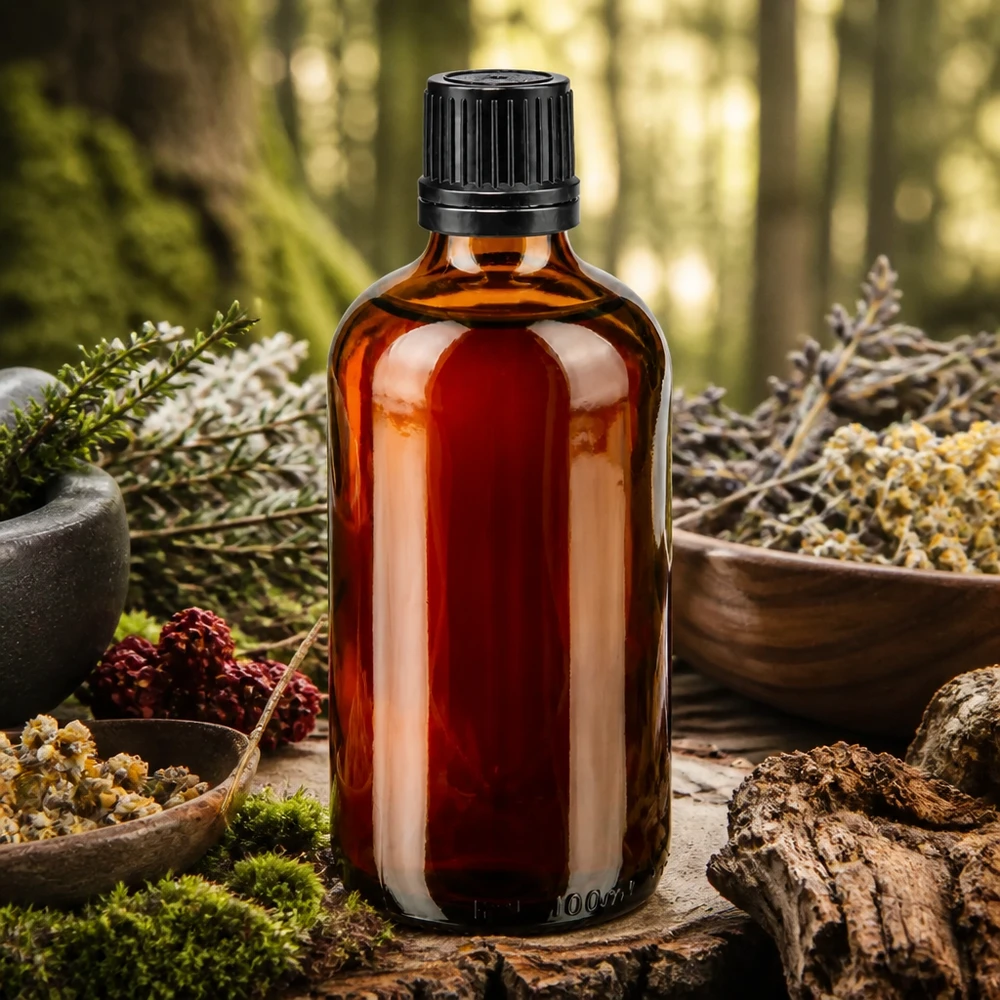 Flacon ApoGlas brun de 100 ml avec compte-gouttes de 1 mm, posé sur de l'écorce d'arbre parmi des herbes médicinales séchées