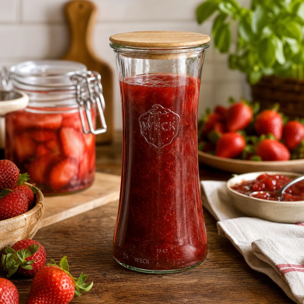 WECK Bocal en verre 700ml avec couvercle en bambou rempli de confiture de fraise Scène de cuisine Conservation des aliments