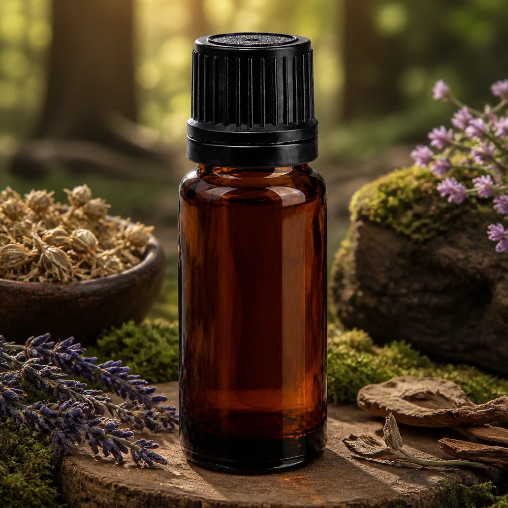 Flacon à pharmacie marron 10ml bouchon goutte à goutte 1mm noir bouchon d'inviolabilité Flacon opac若 10 ml en verre brun avec embout compte-gouttes de 1 mm et bouchon noir, décor naturel