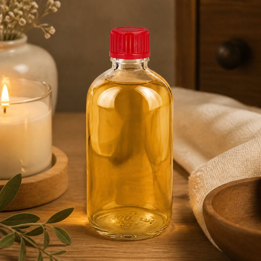 Flacon en verre transparent de 100 ml rempli d'huile jaune, avec bouchon à vis rouge de 11 mm, SV ClearLine UT18/100 Spa