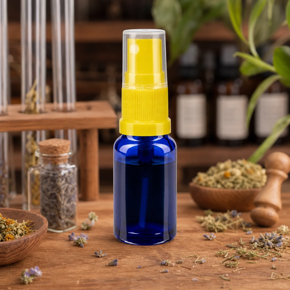 Flacon en verre bleu cobalt de 30 ml avec vaporisateur, posé sur un socle en bois à côté de lavande et de coupelles remplies d'herbes aromatiques