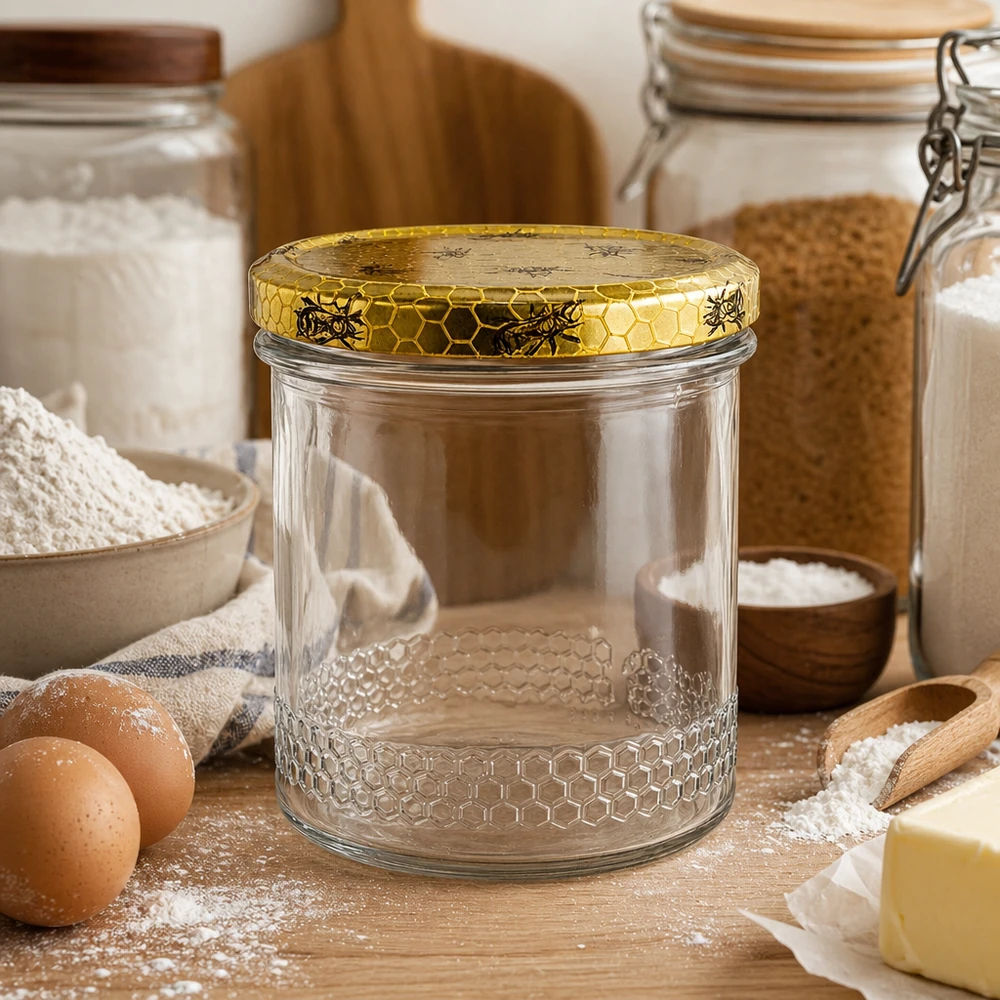 Pot à miel vide de 400ml avec couvercle doré en nid d'abeille dans une cuisine rustique, ingrédients de boulangerie et œufs pour l'apiculture